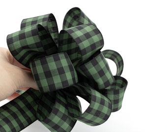 2m x Green Tartan Ribbon, Checkered Christmas Ribbon for Bow Making, Seasonal Wreath Ribbon 38mm Festive Ribbon