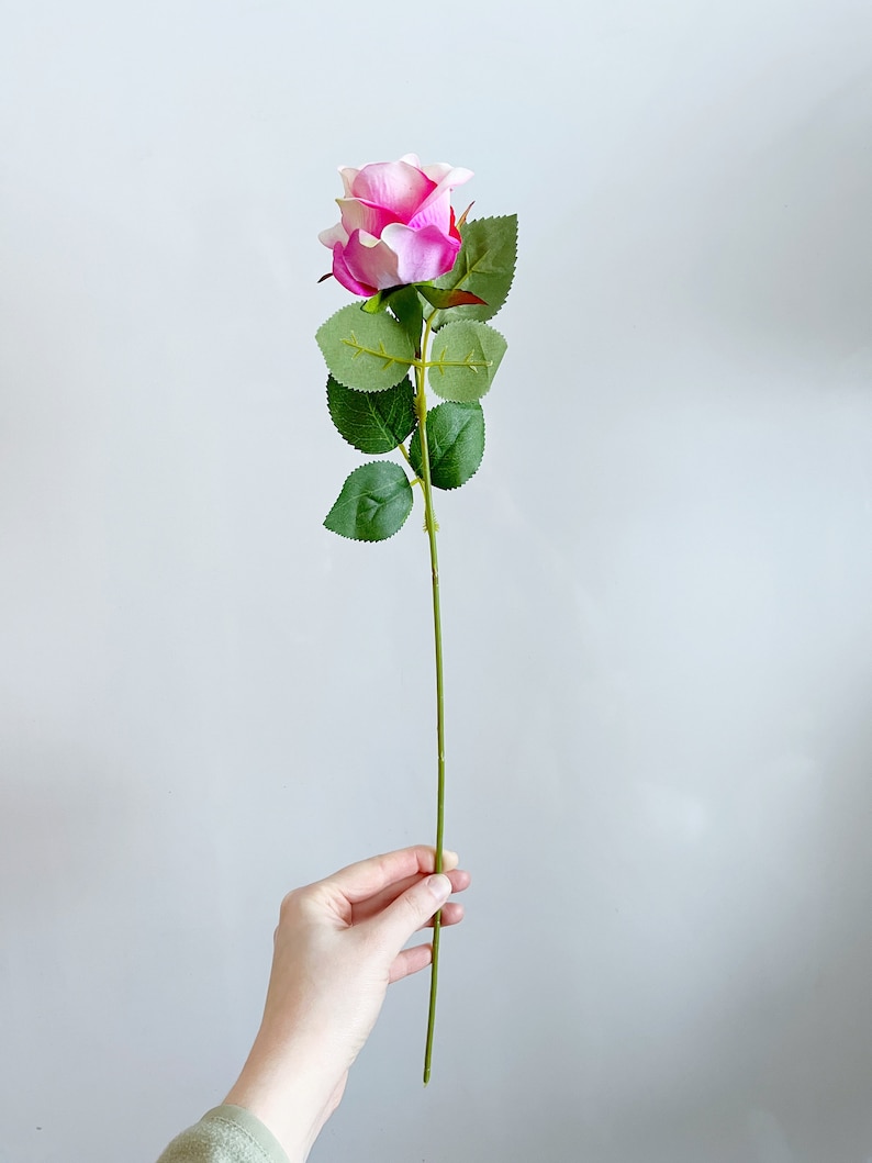 5 x Velvet Touch Pink Rose Stems, Artificial Roses Bouquet, Roses Vase Arrangement image 3