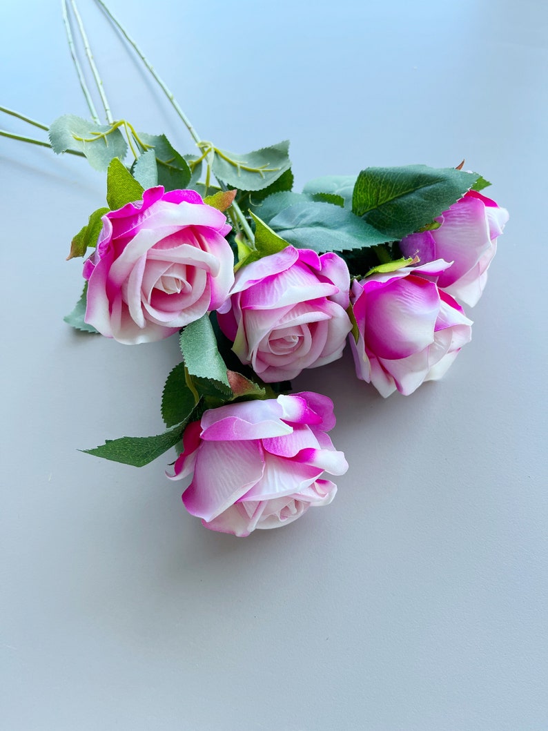 5 x Velvet Touch Pink Rose Stems, Artificial Roses Bouquet, Roses Vase Arrangement image 5