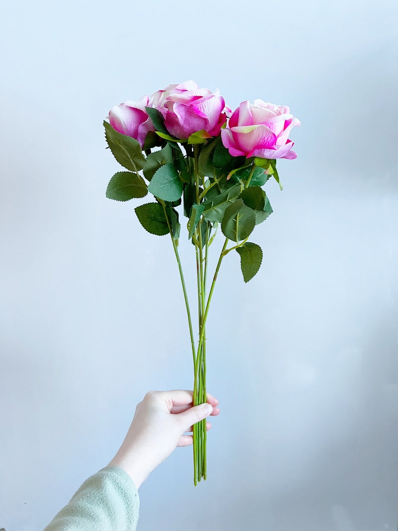 5 x Velvet Touch Pink Rose Stems, Artificial Roses Bouquet, Roses Vase Arrangement image 2