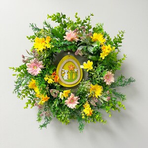 Pink and Yellow Easter Wreath, Bright Spring Wreath, Chrysanthemum and Wildflowers Wreath image 1