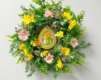 Pink and Yellow Easter Wreath, Bright Spring Wreath, Chrysanthemum and Wildflowers Wreath