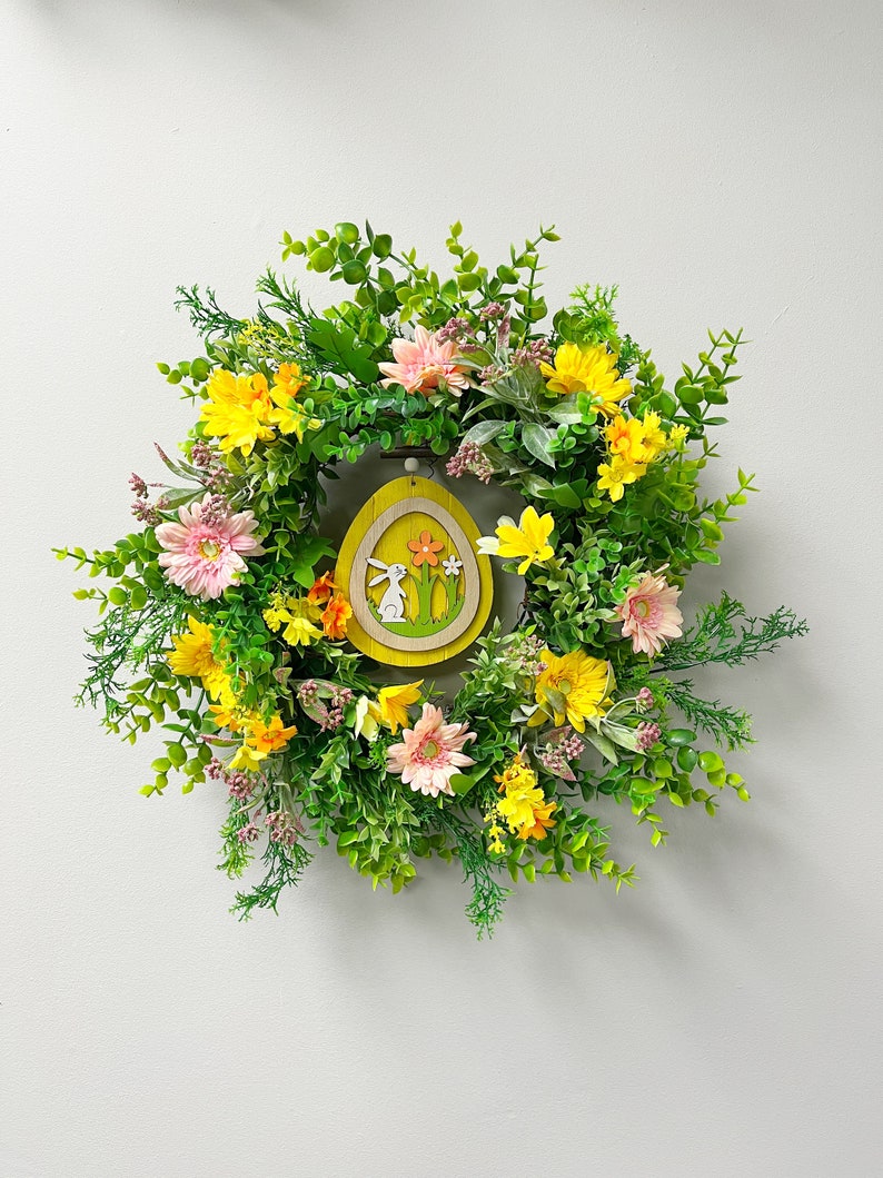 Pink and Yellow Easter Wreath, Bright Spring Wreath, Chrysanthemum and Wildflowers Wreath image 1