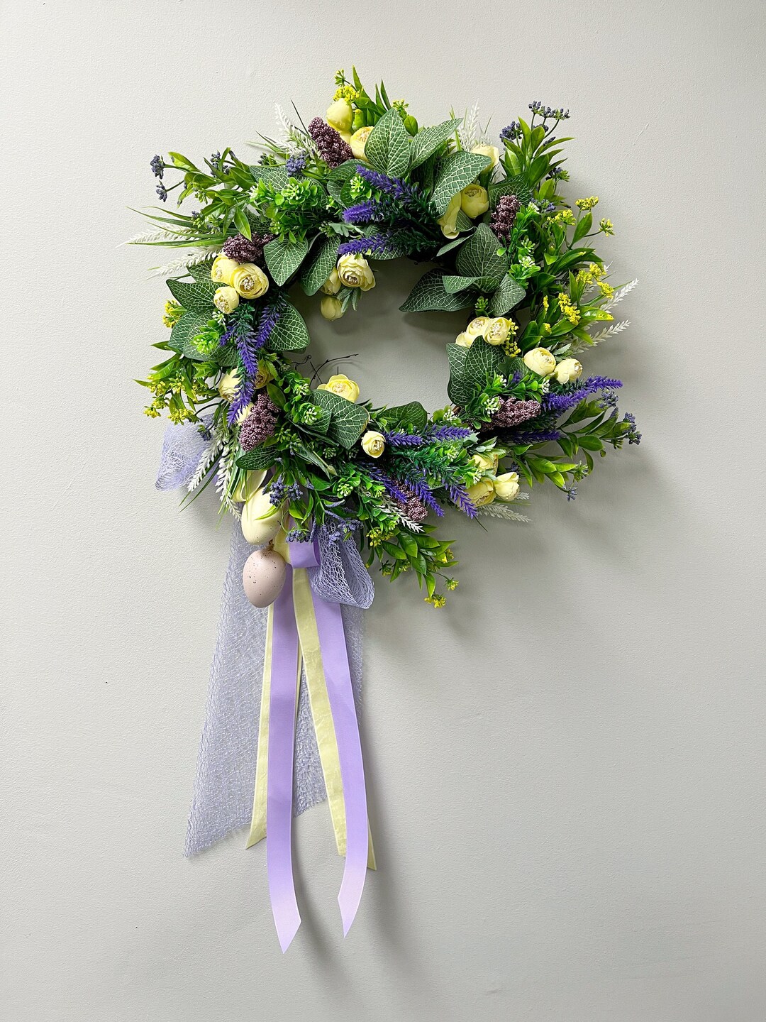 Pastel Easter Wreath, Ranunculus Lavender and Wildflowers Spring Wreath