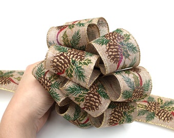 2m x Wire Edge Pine Cones Ribbon Hessian Christmas Ribbon Luxury Christmas Wreath Ribbon 6.3cm Ribbon 2.5' Ribbon Natural Ribbon