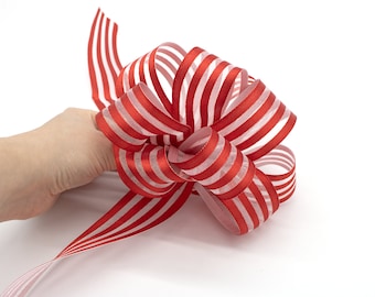 2m x Red Striped Organza Look Ribbon, Christmas Ribbon for Bow Making, Seasonal Wreath Ribbon 38mm Festive Ribbon