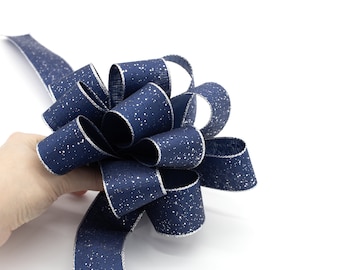 2m x Midnight Blue Ribbon with Glittered Border,  Christmas Ribbon for Bow Making, Seasonal Wreath Ribbon 38mm Festive Ribbon