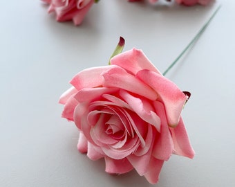 5 x Velvet Touch Coral Pink Rose Stems, Artificial Roses with Plain Wire Stem for Wreath Making and Decor