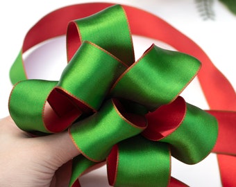 2m x Wire Edge Green and Red Ribbon Bi-coloured Christmas Ribbon Satin Ribbon Luxury Wreath Ribbon 38mm Wreath Ribbon