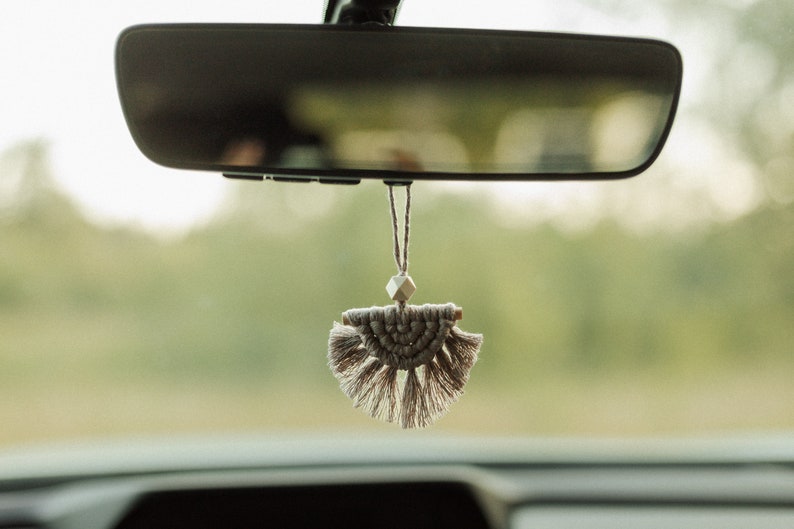 Single Color Semi-Lunar Macrame Rear View Mirror Charm, Half Moon Rearview Mirror Car Charm, Boho Car Decor, Essential Oil Diffuser image 1