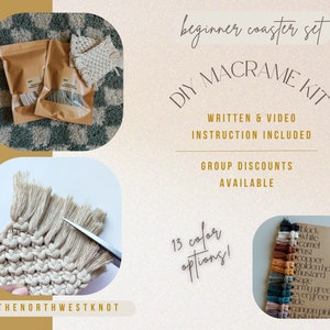 Puede incluir: Kit de macramé DIY para hacer posavasos con instrucciones escritas y en video incluidas. El kit incluye 13 opciones de colores para el cordón. La imagen muestra un primer plano de un posavasos terminado, un juego de cordones en el embalaje y una tabla de colores de las opciones de cordón.