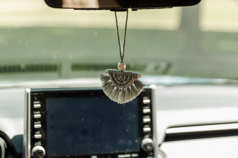 Single Color Semi-Lunar Macrame Rear View Mirror Charm, Half Moon Rearview Mirror Car Charm, Boho Car Decor, Essential Oil Diffuser image 2