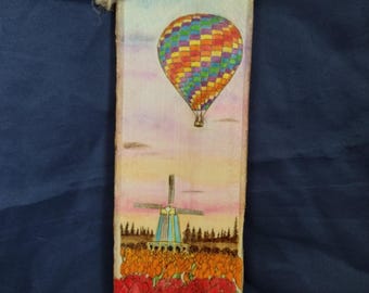 Hand Burned Tulip Field & Hot Air Balloon Wood Art: Basswood Pyrography