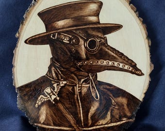 Hand Burned Plague Doctor Wood Art: Basswood Round Pyrography