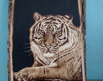 Handmade Tiger Wood Burning: Pyrography Art on Basswood