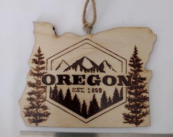 XL Oregon shaped handmade wood burned ornaments