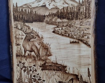 Hand Burned Mt. Hood Pyrography Art on XL Basswood Plank