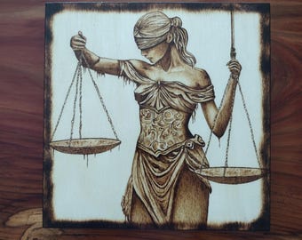 Handmade Lady Justice Wood Burning: Pyrography Art Panel