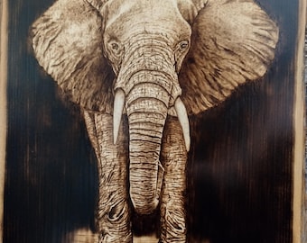 Handmade Elephant Wood Burning: XL Basswood Pyrography Art