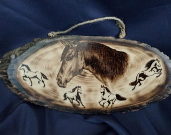Hand Burned Horses Basswood Oval: Pyrography Wood Art