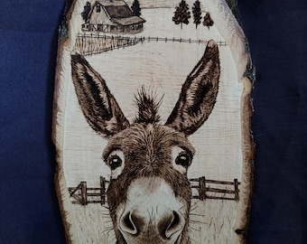 Hand Burned Smiling Donkey Wood Art - Pyrography Basswood Oval