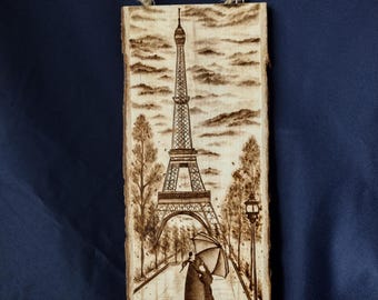 Hand Burned Couple in Paris Basswood Pyrography Art
