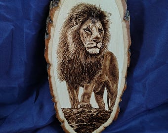 Hand Burned Lion Wood Art - Pyrography Basswood Oval