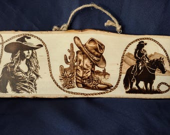 Hand Burned Cowgirl Pyrography Art on Basswood with Bark Edges
