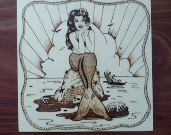 Handmade Shipwreck Mermaid Wood Burning - Pyrography Art Panel