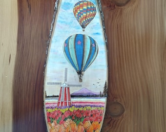 Hand Burned Tulip Field Hot Air Balloon on XL Basswood oval: Pyrography Art
