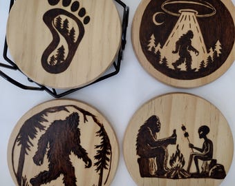 Hand burned wood coaster sets of 4, with metal holder
