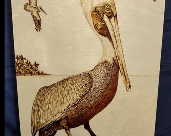 Hand Burned Pelican Wood Art: XL Pyrography Basswood Panel