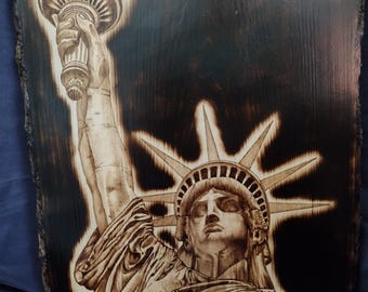Hand burned XL Statue of Liberty wood burning on basswood with bark. Pyrography