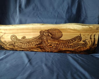 Hand burned Octopus Wood Art: XL Cherry Wood Slab Pyrography