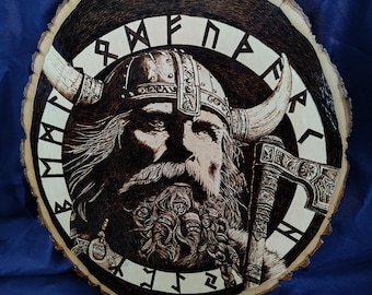 Large Hand Burned Viking Wood Slice Art:Pyrography