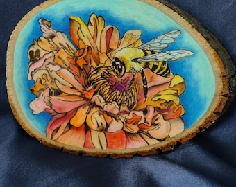 Hand Burned Honeybee Wood Art: Watercolor Basswood Round