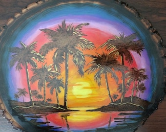Hand Burned Sunset Palm Tree Wood Slice Art: Watercolor Pyrography