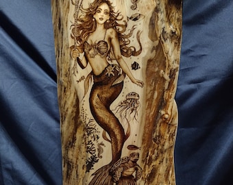 Handmade Mermaid and Sealife Wood Burning: XL Maple Live Edge Wall Art