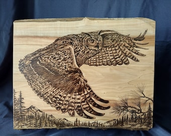 Large Hand burned flying Great Horned Owl wood burning on cherry wood slab with bark. Pyrography, great gift!