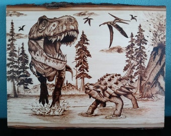 Hand burned "Dinosaurs" wood burning on basswood plank. T-Rex, Ankylosaurus, Pterosaur, pyrography