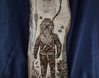 Handmade Deep Sea Diver Wood Burning: XL Maple Live Edge Wall Art