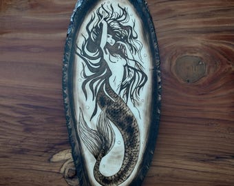 Hand Burned Mermaid Wood Art - Pyrography Basswood Oval