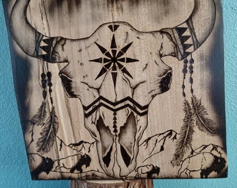 Handmade Bison Skull wood burning on maple, pyrography
