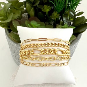 Multi strand gold link bracelet, gold carabiner chain bracelet.