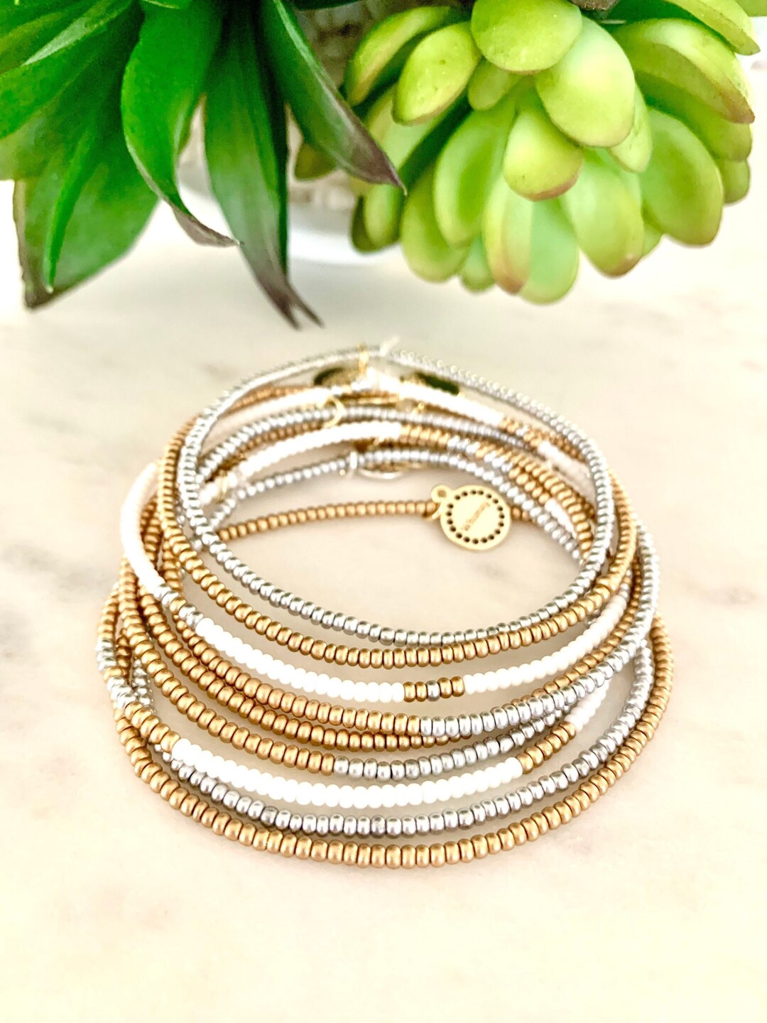 Seed Bead Bracelet Stack Gold Silver White Etsy