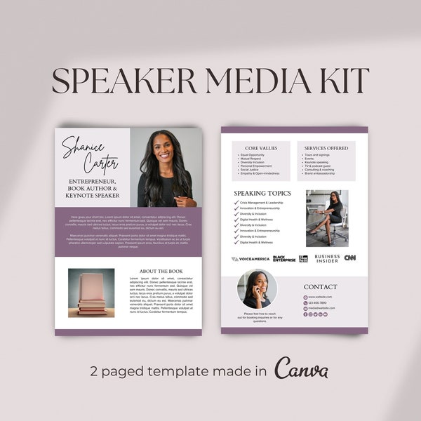 Speaker Media Kit Template, Speaker Sheet, Canva Media Kit for Keynote Speakers, Book Authors, Coaches, Entrepreneurs, EPK Canva Template