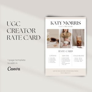 Modelo de tabela de preços UGC Creator, modelo editável de tabela de preços UGC Canva, preços de conteúdo gerado pelo usuário, modelo minimalista de folha de preços UGC