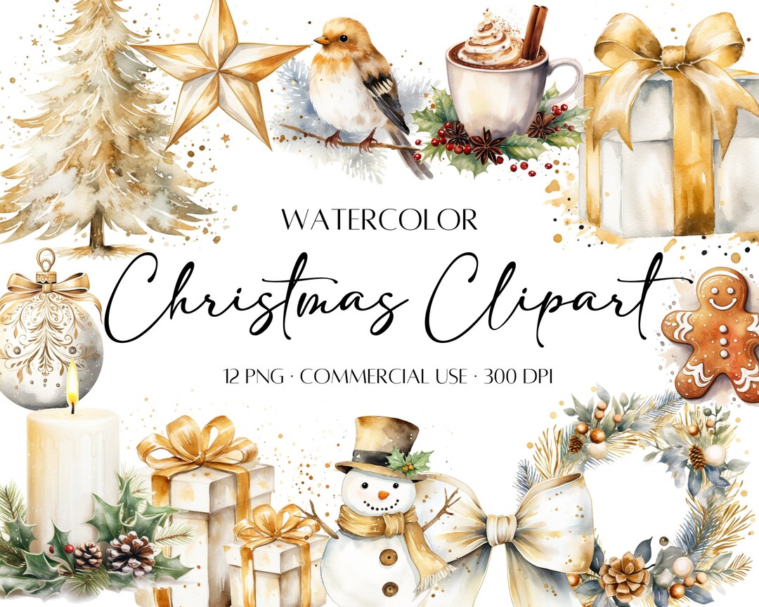 12 Watercolor Christmas Clipart, White and Gold Christmas Elements Png ...