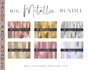 Metallic Digital Paper Bundle | Gold, Rose Gold, Silver, Holographic Textures (Digital Download)