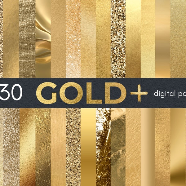 30 papiers numériques d'or | Textures de paillettes d'or | Papier de scrapbooking feuille d'or | Texture métallique dorée pour Photoshop | Fond doré